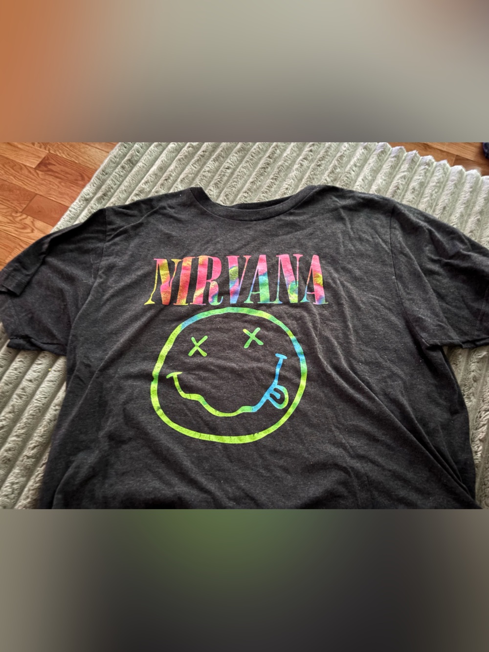 NIRVANA Black Tee with Rainbow Tie-Dye Logo and Neon Smile